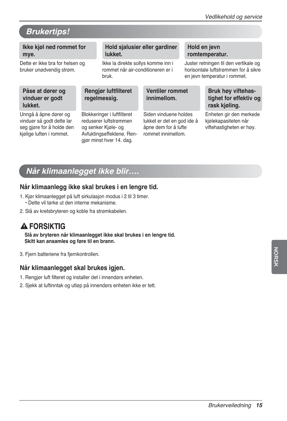 Når klimaanlegget ikke blir, Brukertips | LG UV18 NBC User Manual | Page 271 / 305