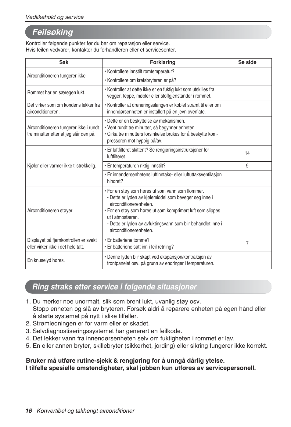 Feilsøking, Ring straks etter service i følgende situasjoner | LG UV18 NBC User Manual | Page 272 / 305