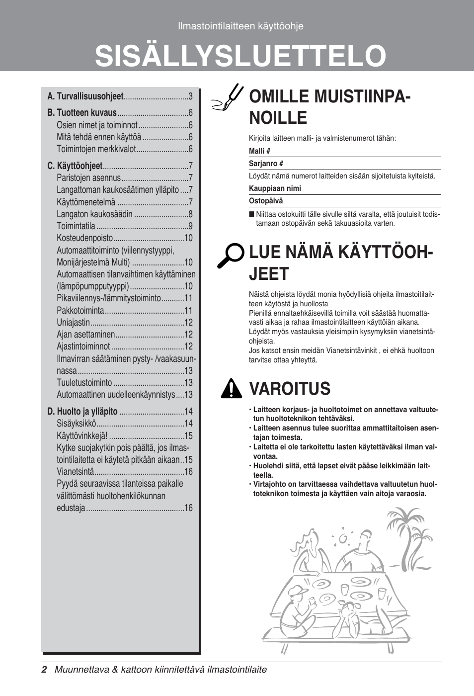 Sisällysluettelo, Omille muistiinpa- noille, Lue nämä käyttöoh- jeet | Varoitus | LG UV18 NBC User Manual | Page 274 / 305