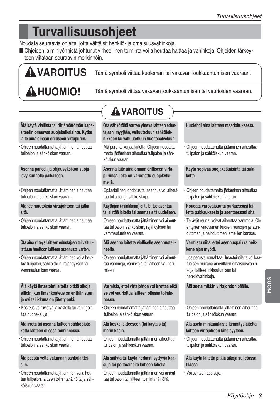 Turvallisuusohjeet, Varoitus huomio, Varoitus | LG UV18 NBC User Manual | Page 275 / 305