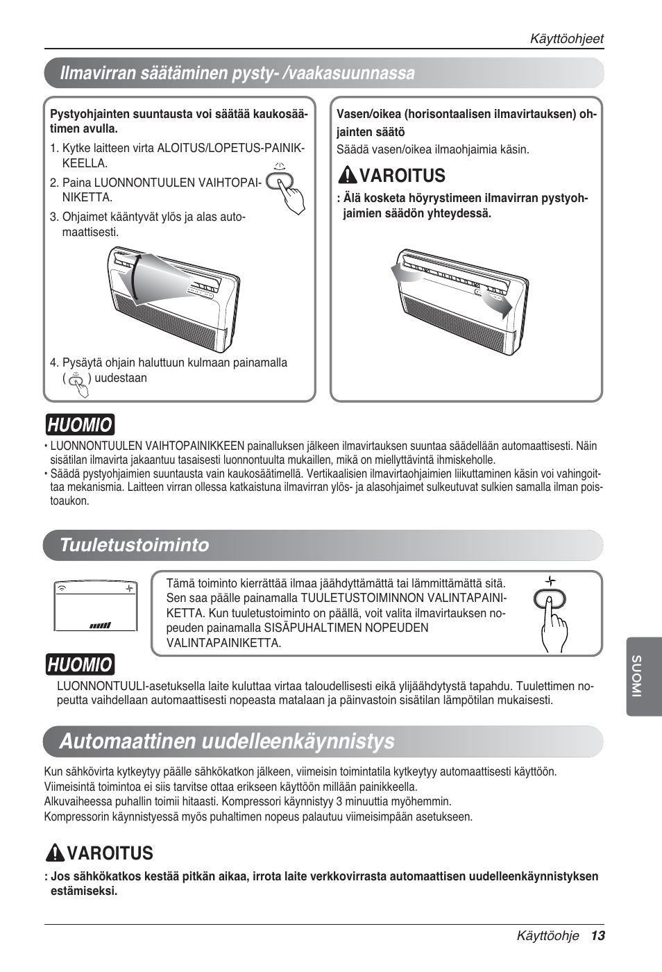 Automaattinen uudelleenkäynnistys, Varoitus, Ilmavirran säätäminen pysty- /vaakasuunnassa | Varoitus tuuletustoiminto | LG UV18 NBC User Manual | Page 285 / 305