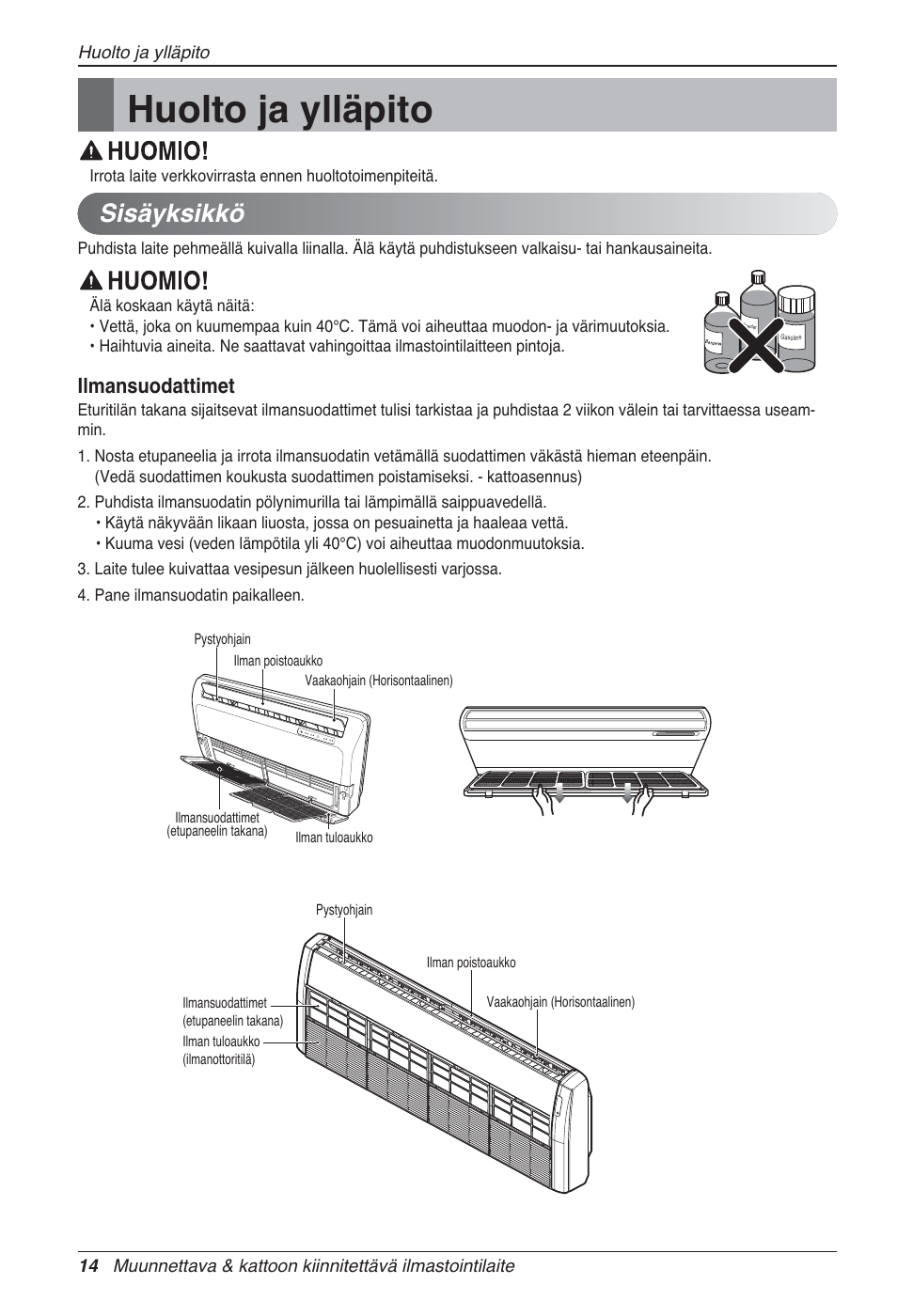 Huolto ja ylläpito, Sisäyksikkö, Ilmansuodattimet | LG UV18 NBC User Manual | Page 286 / 305