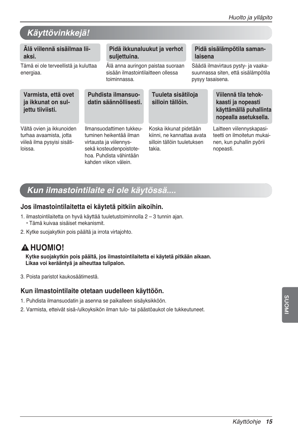 Kun ilmastointilaite ei ole käytössä, Käyttövinkkejä | LG UV18 NBC User Manual | Page 287 / 305