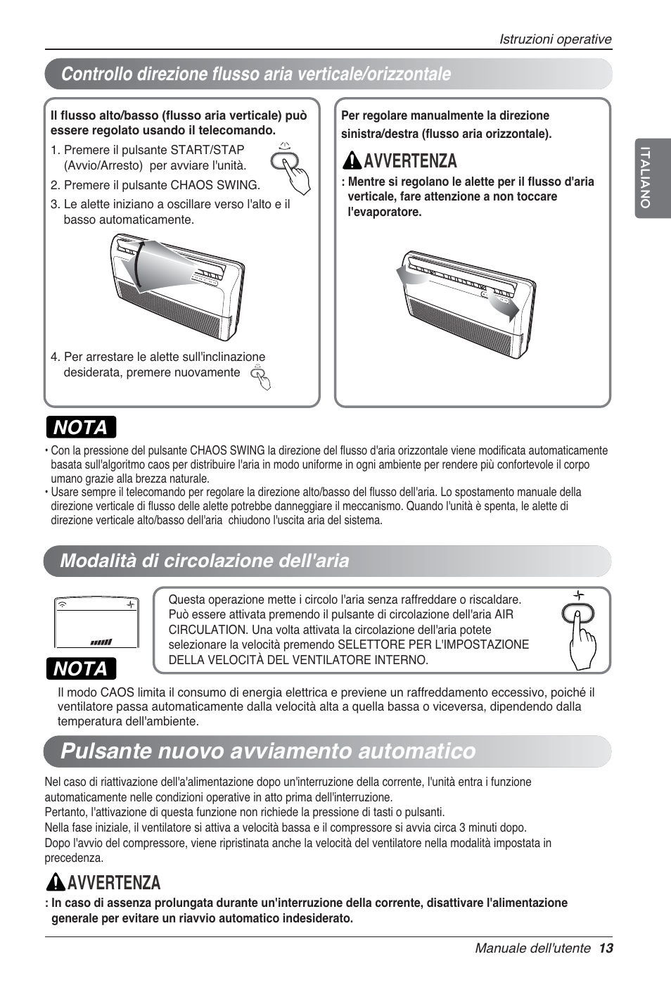 Pulsante nuovo avviamento automatico, Avvertenza, Nota | Modalità di circolazione dell'aria | LG UV18 NBC User Manual | Page 29 / 305