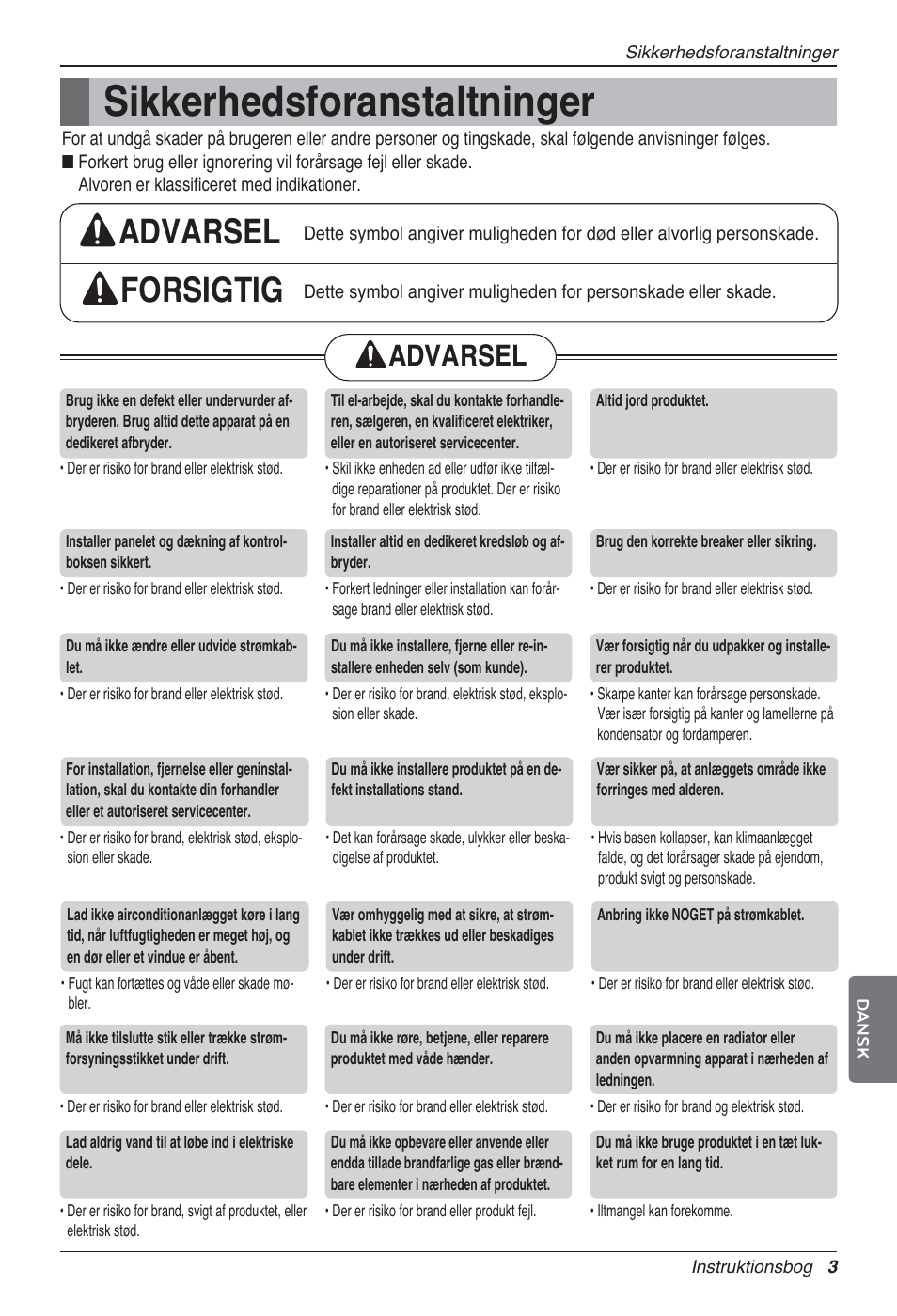 Sikkerhedsforanstaltninger, Advarsel forsigtig, Advarsel | LG UV18 NBC User Manual | Page 291 / 305