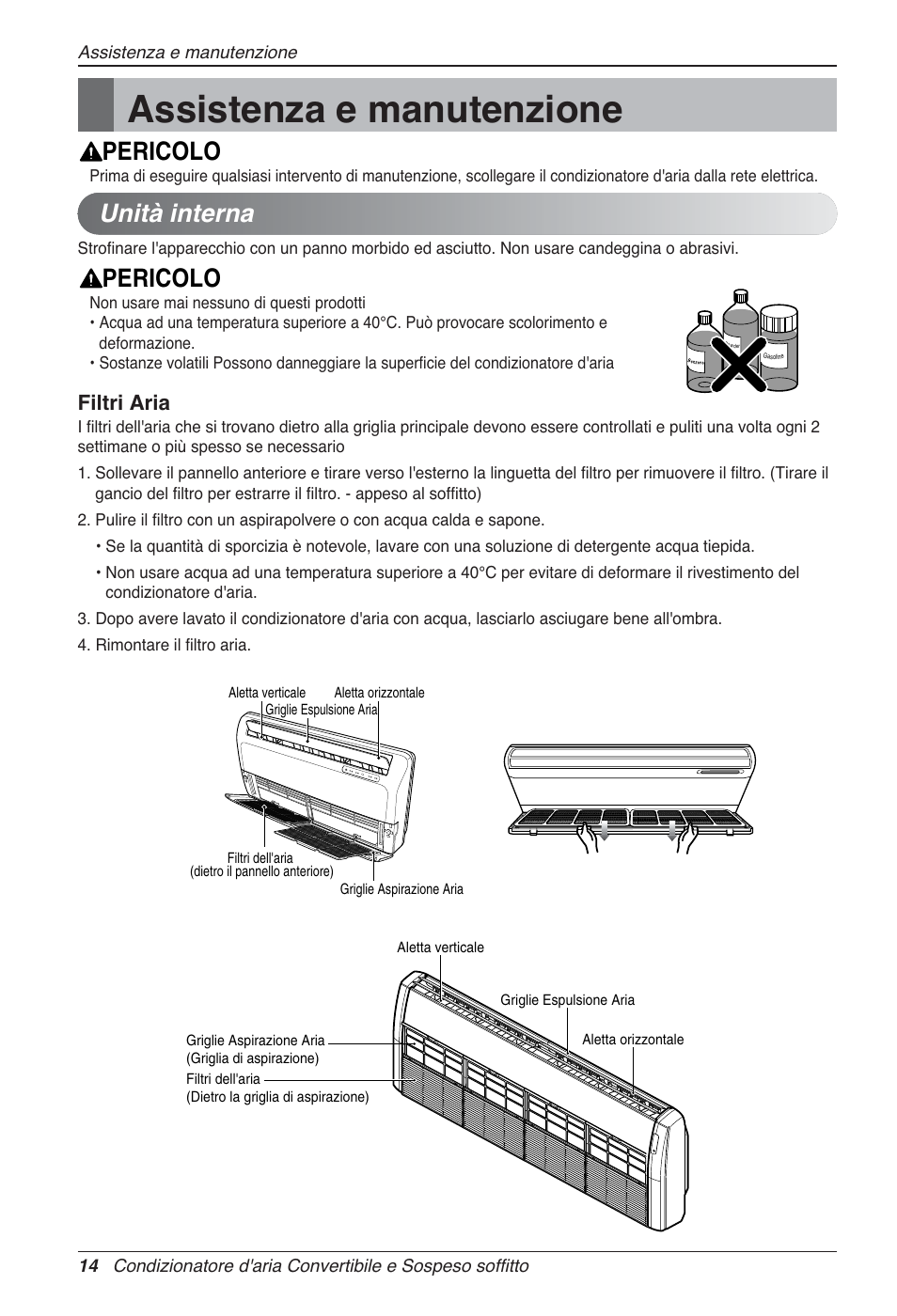 Assistenza e manutenzione, Unità interna, Pericolo | Filtri aria | LG UV18 NBC User Manual | Page 30 / 305