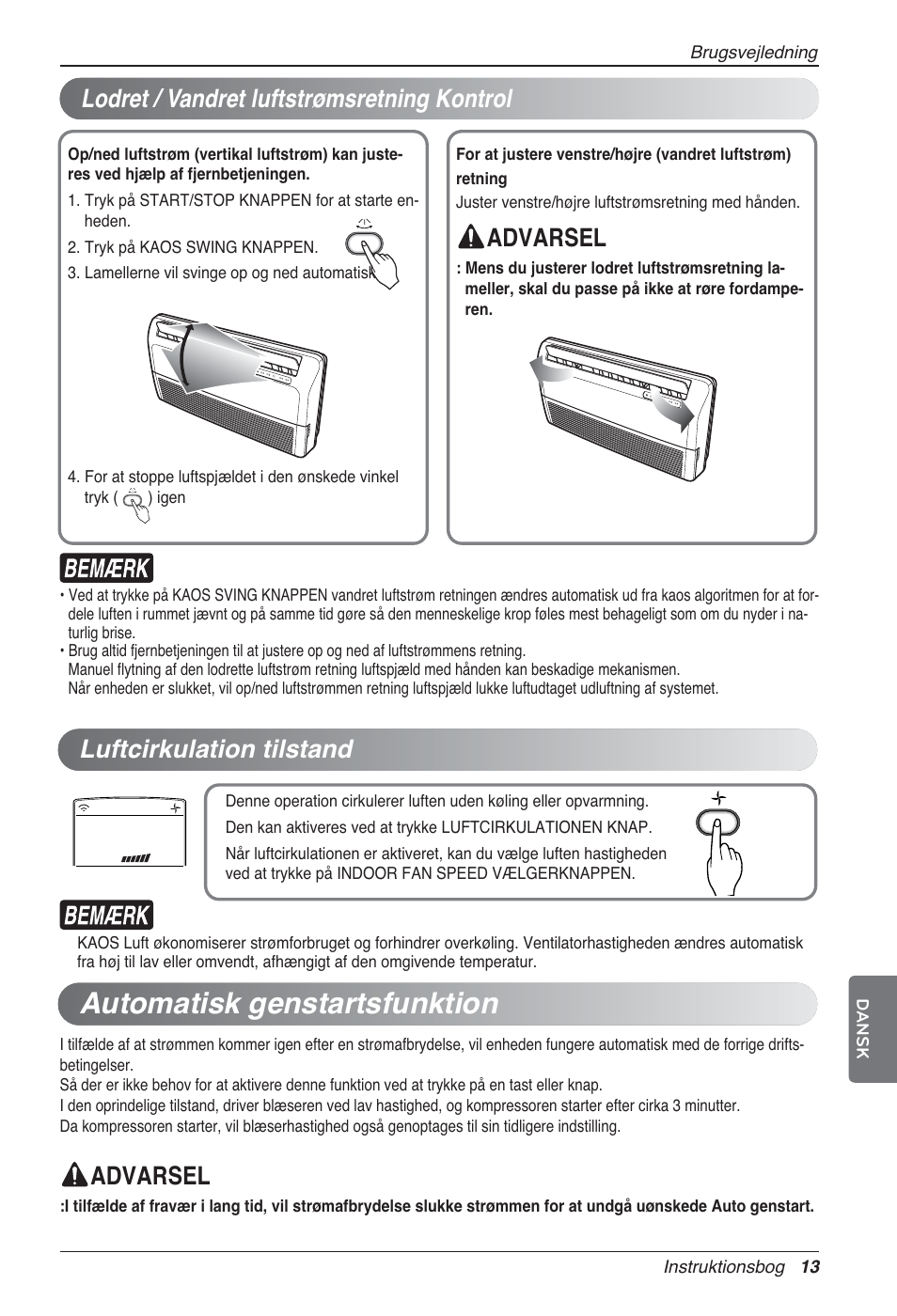 Automatisk genstartsfunktion, Advarsel, Lodret / vandret luftstrømsretning kontrol | Advarsel luftcirkulation tilstand | LG UV18 NBC User Manual | Page 301 / 305