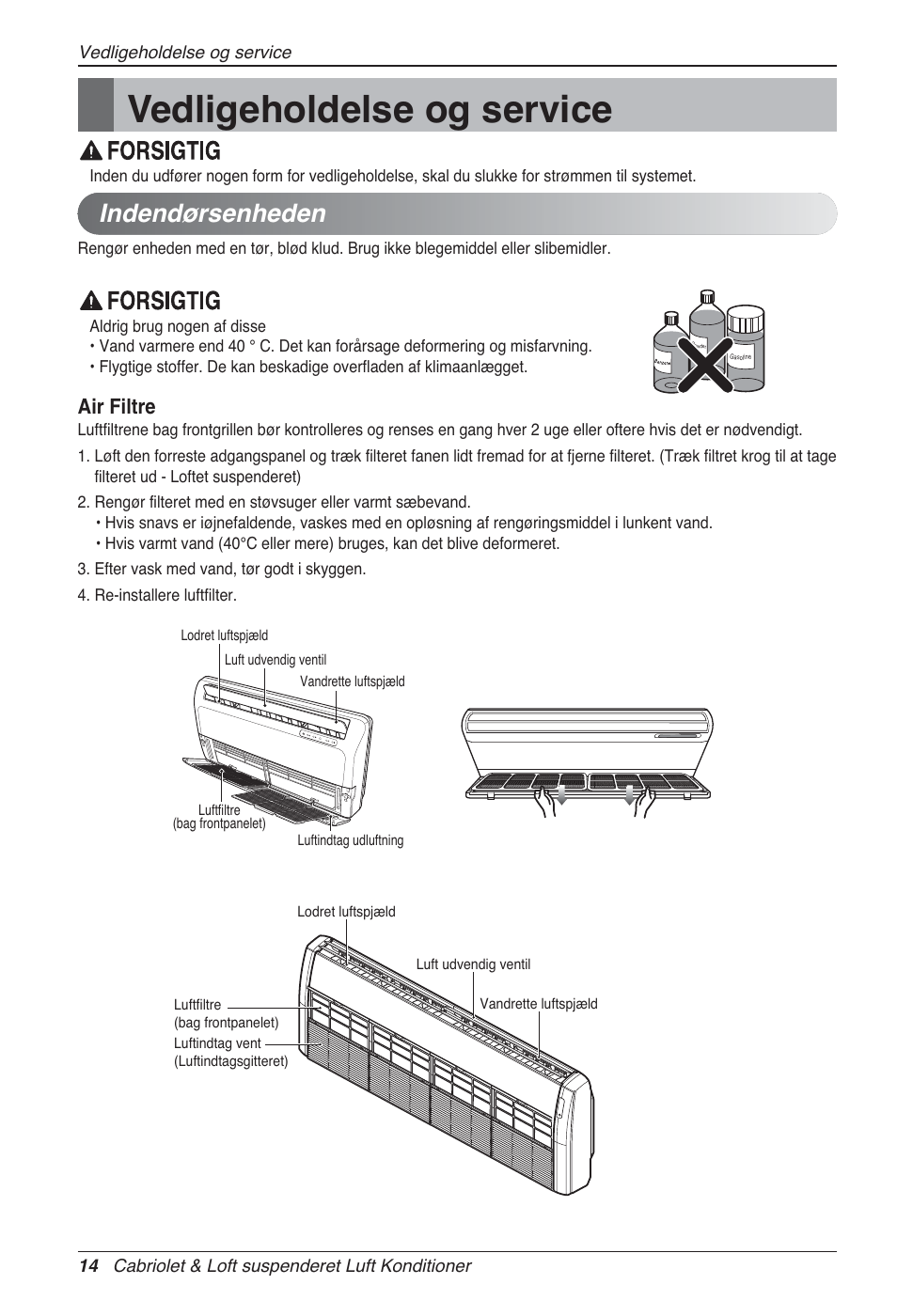 Vedligeholdelse og service, Indendørsenheden, Air filtre | LG UV18 NBC User Manual | Page 302 / 305