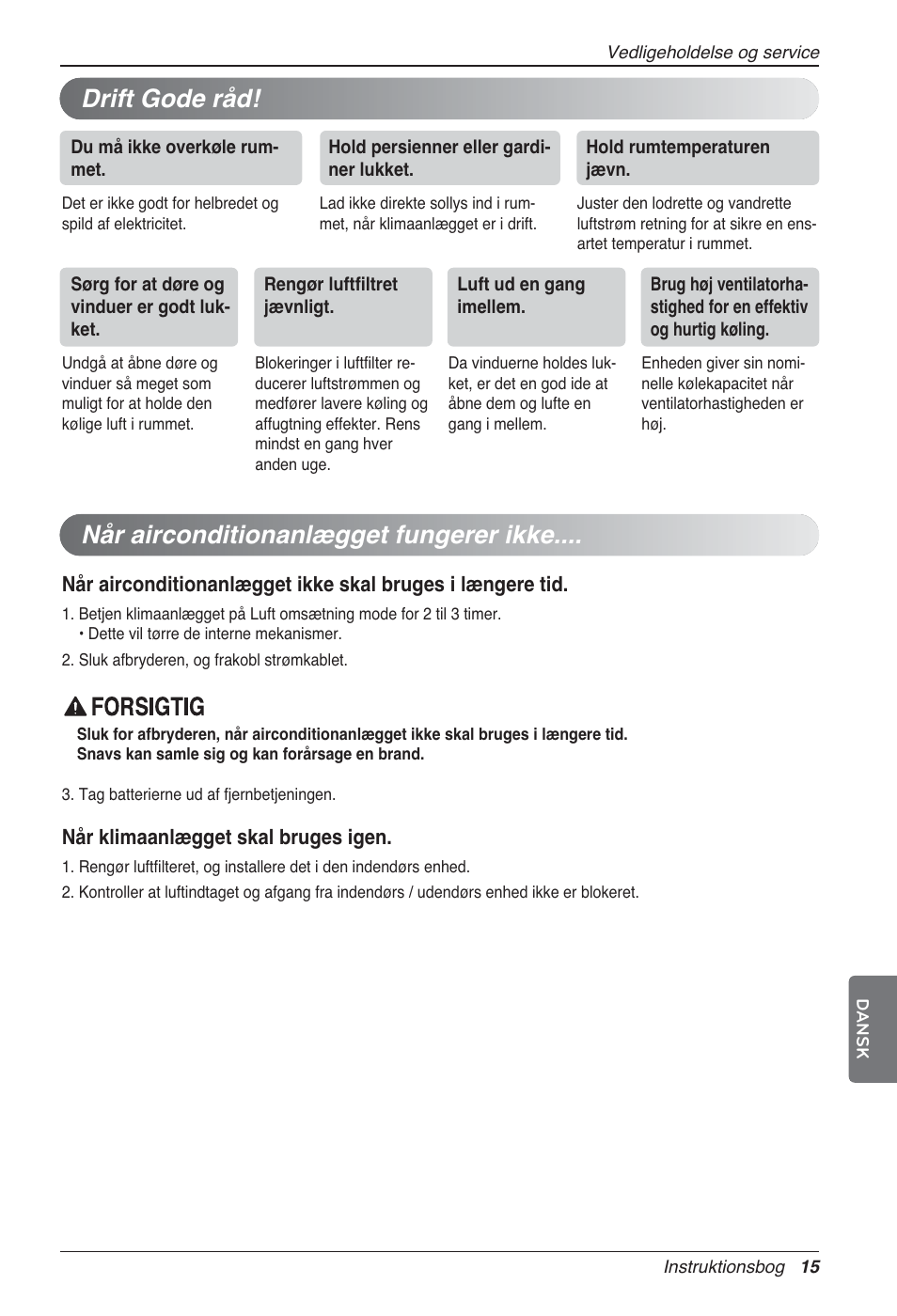 Når airconditionanlægget fungerer ikke, Drift gode råd | LG UV18 NBC User Manual | Page 303 / 305