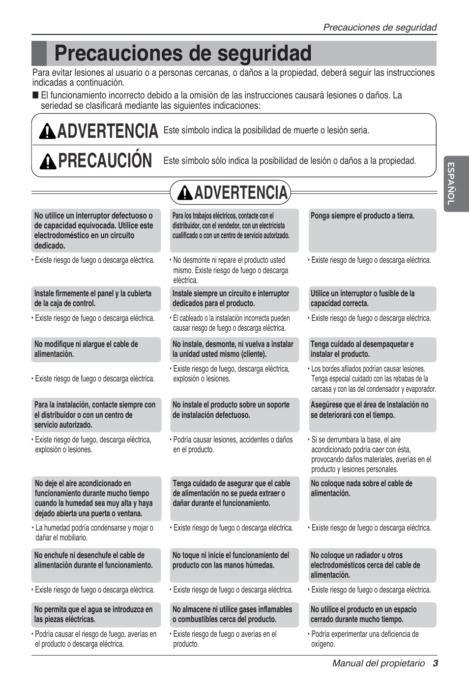 Precauciones de seguridad, Advertencia precaución, Advertencia | LG UV18 NBC User Manual | Page 35 / 305
