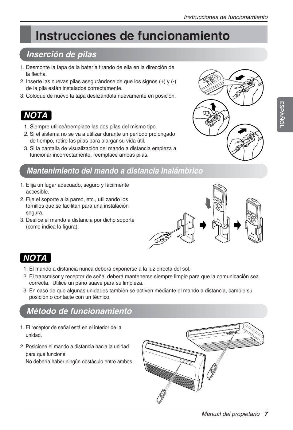 Instrucciones de funcionamiento, Nota, Método de funcionamiento | LG UV18 NBC User Manual | Page 39 / 305