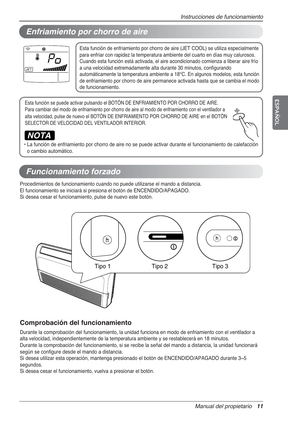 Nota, Enfriamiento por chorro de aire, Funcionamiento forzado | LG UV18 NBC User Manual | Page 43 / 305