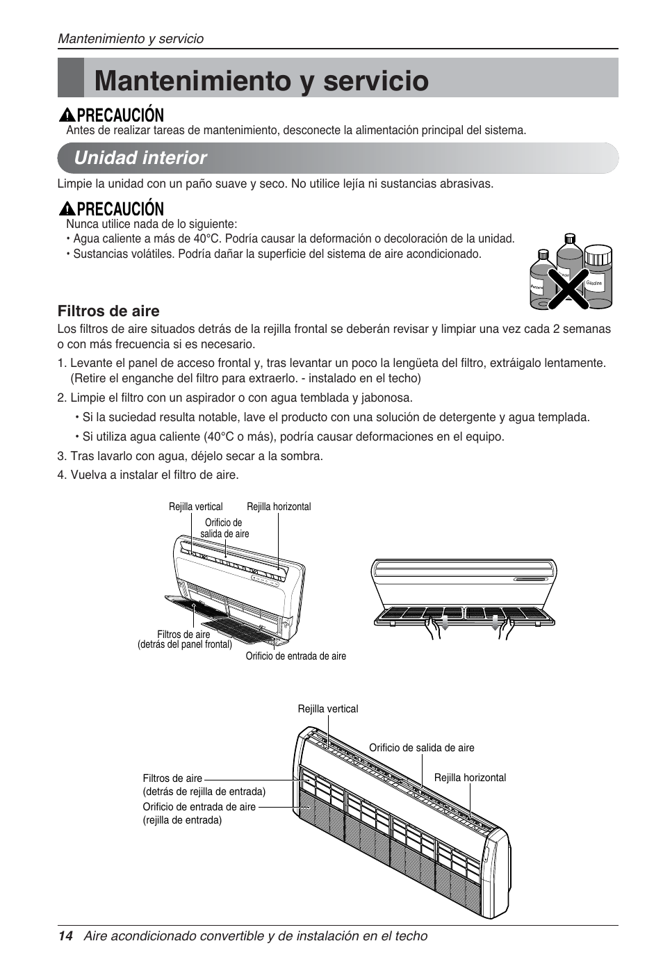 Mantenimiento y servicio, Unidad interior, Precaución | Filtros de aire | LG UV18 NBC User Manual | Page 46 / 305