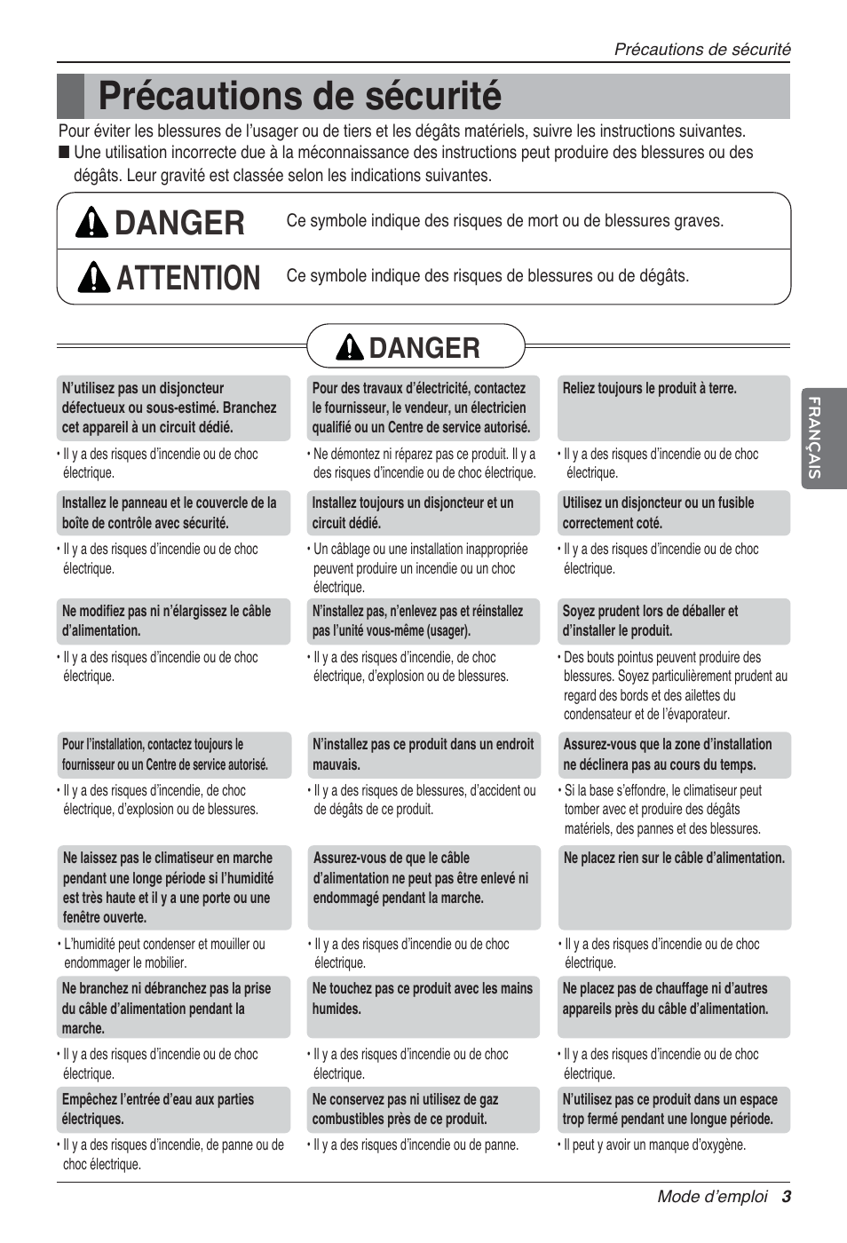 Précautions de sécurité, Danger attention, Danger | LG UV18 NBC User Manual | Page 51 / 305