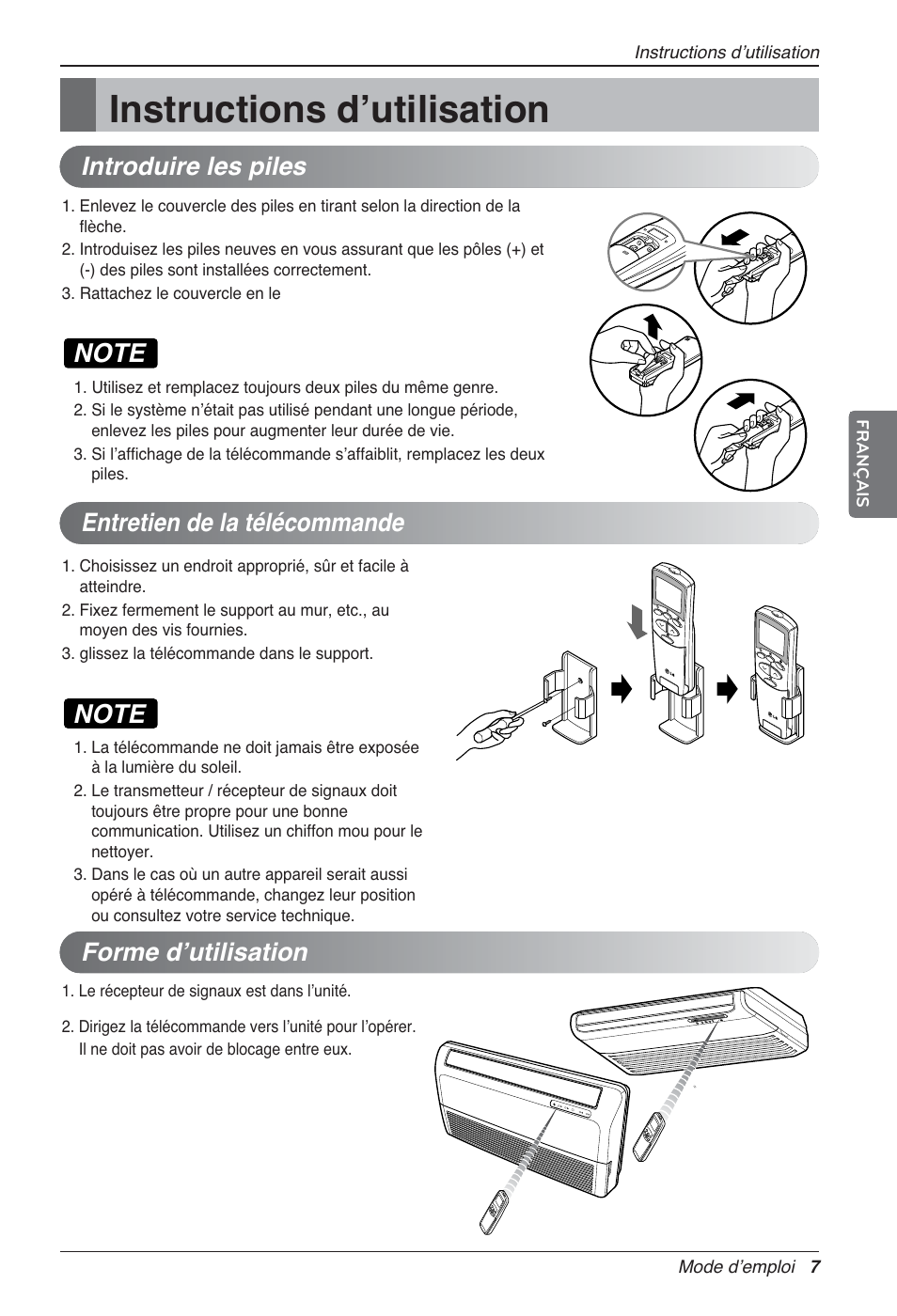 Instructions d’utilisation, Introduire les piles entretien de la télécommande, Forme d’utilisation | LG UV18 NBC User Manual | Page 55 / 305