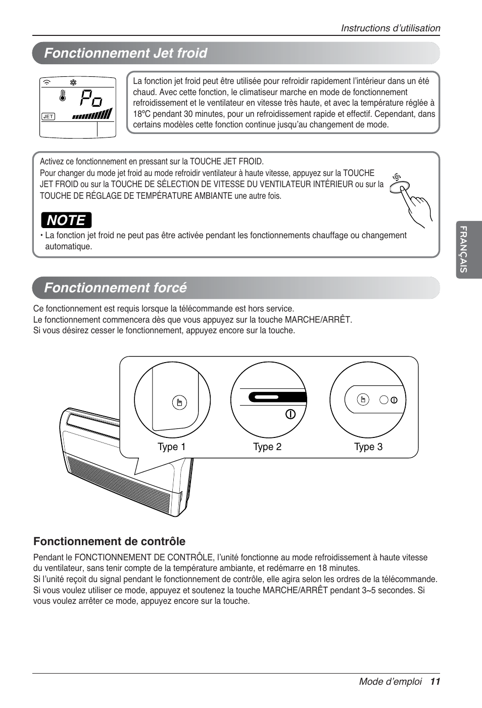 Fonctionnement jet froid, Fonctionnement forcé | LG UV18 NBC User Manual | Page 59 / 305