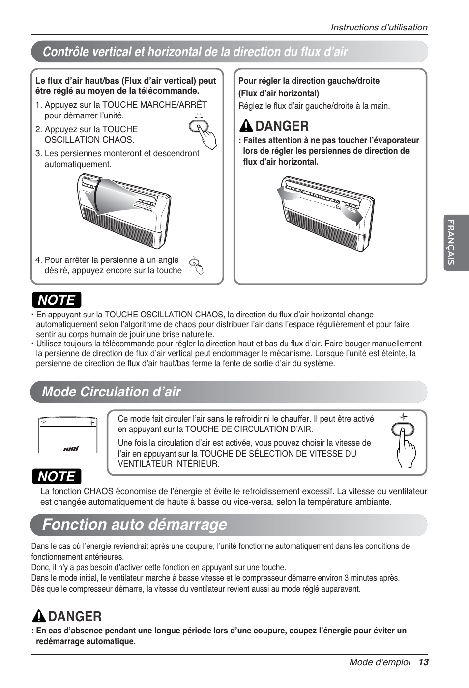 Fonction auto démarrage, Danger, Mode circulation d’air | LG UV18 NBC User Manual | Page 61 / 305