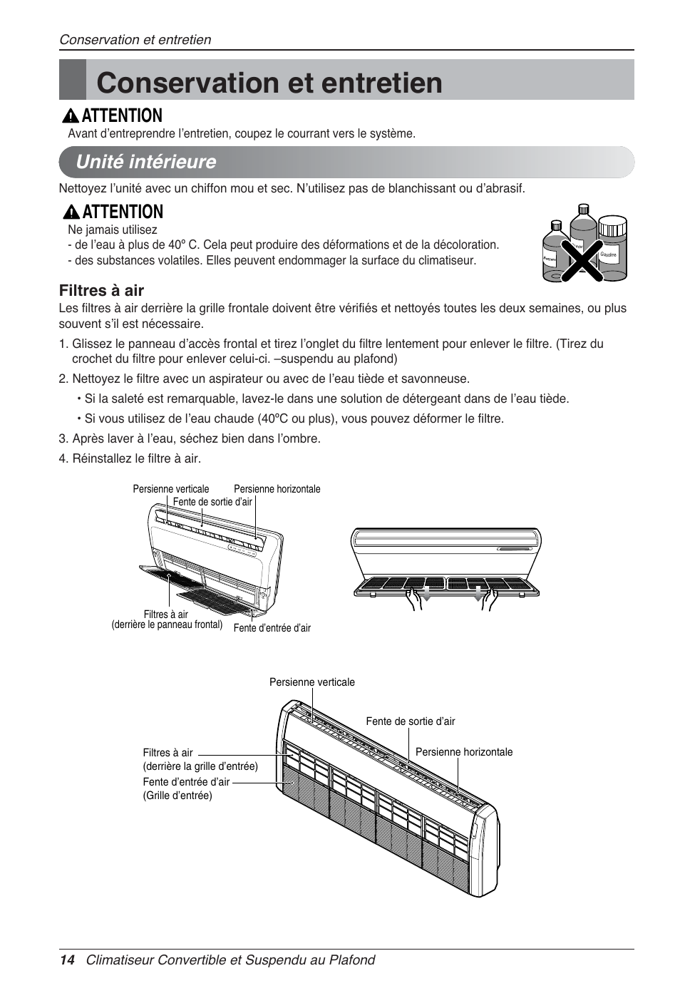 Conservation et entretien, Unité intérieure, Attention | Filtres à air | LG UV18 NBC User Manual | Page 62 / 305