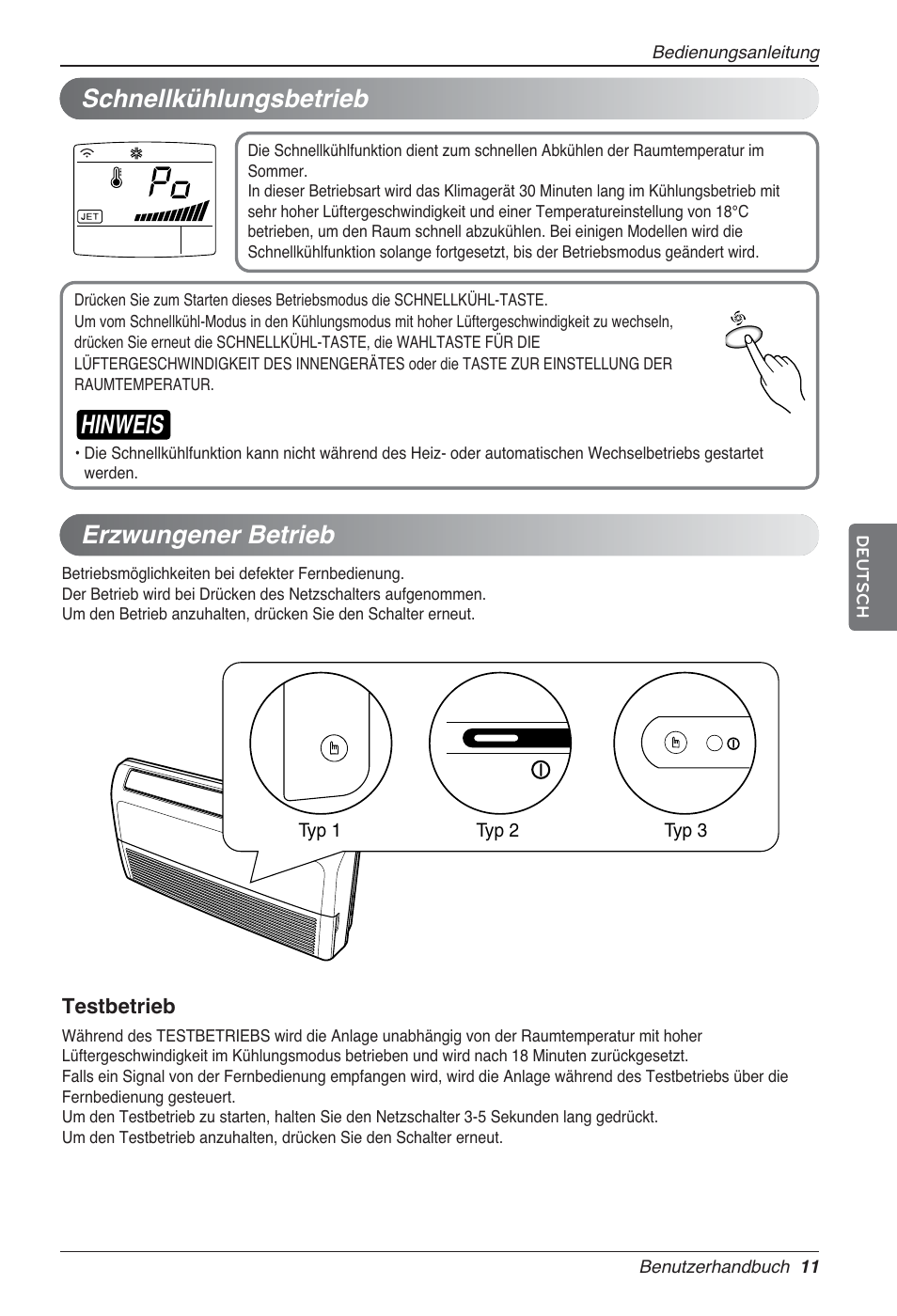 Hinweis, Schnellkühlungsbetrieb, Erzwungener betrieb | LG UV18 NBC User Manual | Page 75 / 305