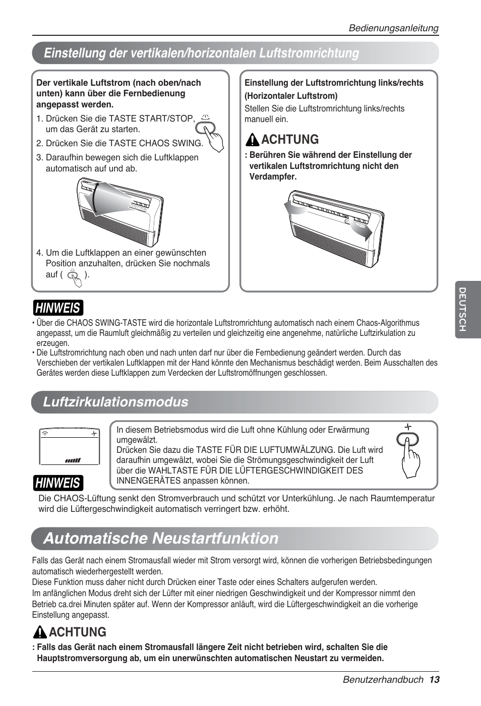 Automatische neustartfunktion, Hinweis, Luftzirkulationsmodus | Achtung | LG UV18 NBC User Manual | Page 77 / 305