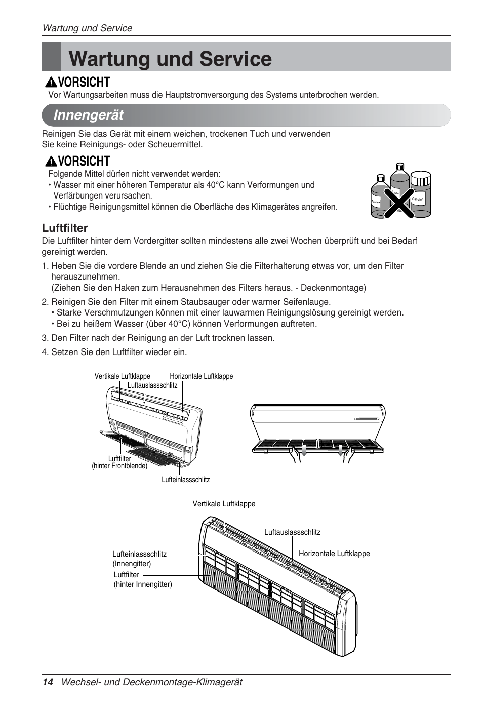 Wartung und service, Innengerät, Vorsicht | Luftfilter | LG UV18 NBC User Manual | Page 78 / 305