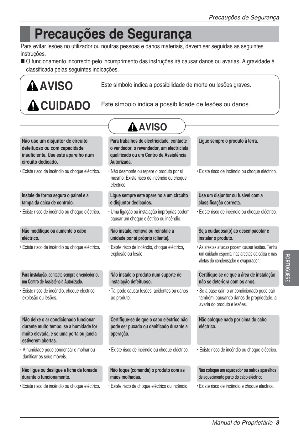 Precauções de segurança, Aviso cuidado, Aviso | LG UV18 NBC User Manual | Page 99 / 305