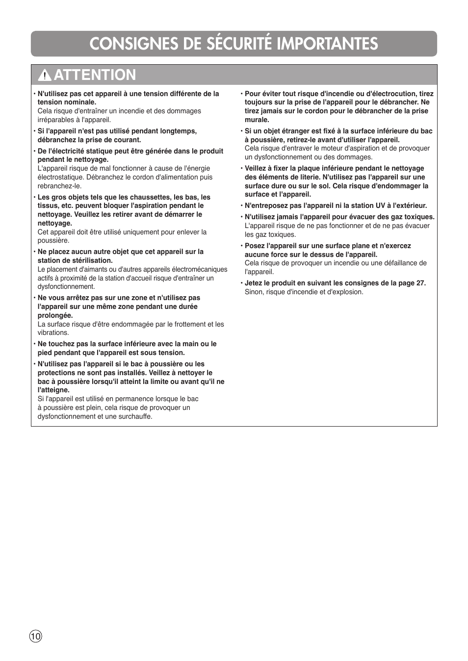 Consignes de sécurité importantes, Attention | LG VH9200DSW User Manual | Page 10 / 32