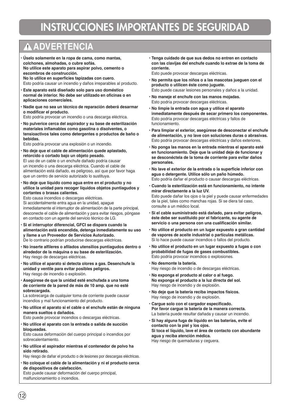 Instrucciones importantes de seguridad, Advertencia | LG VH9200DSW User Manual | Page 12 / 32