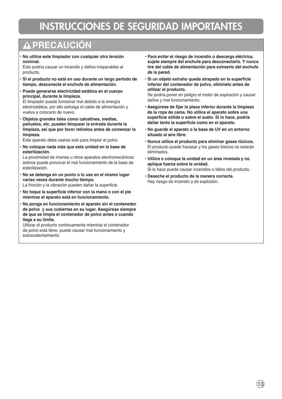 Instrucciones de seguridad importantes, Precaución | LG VH9200DSW User Manual | Page 13 / 32