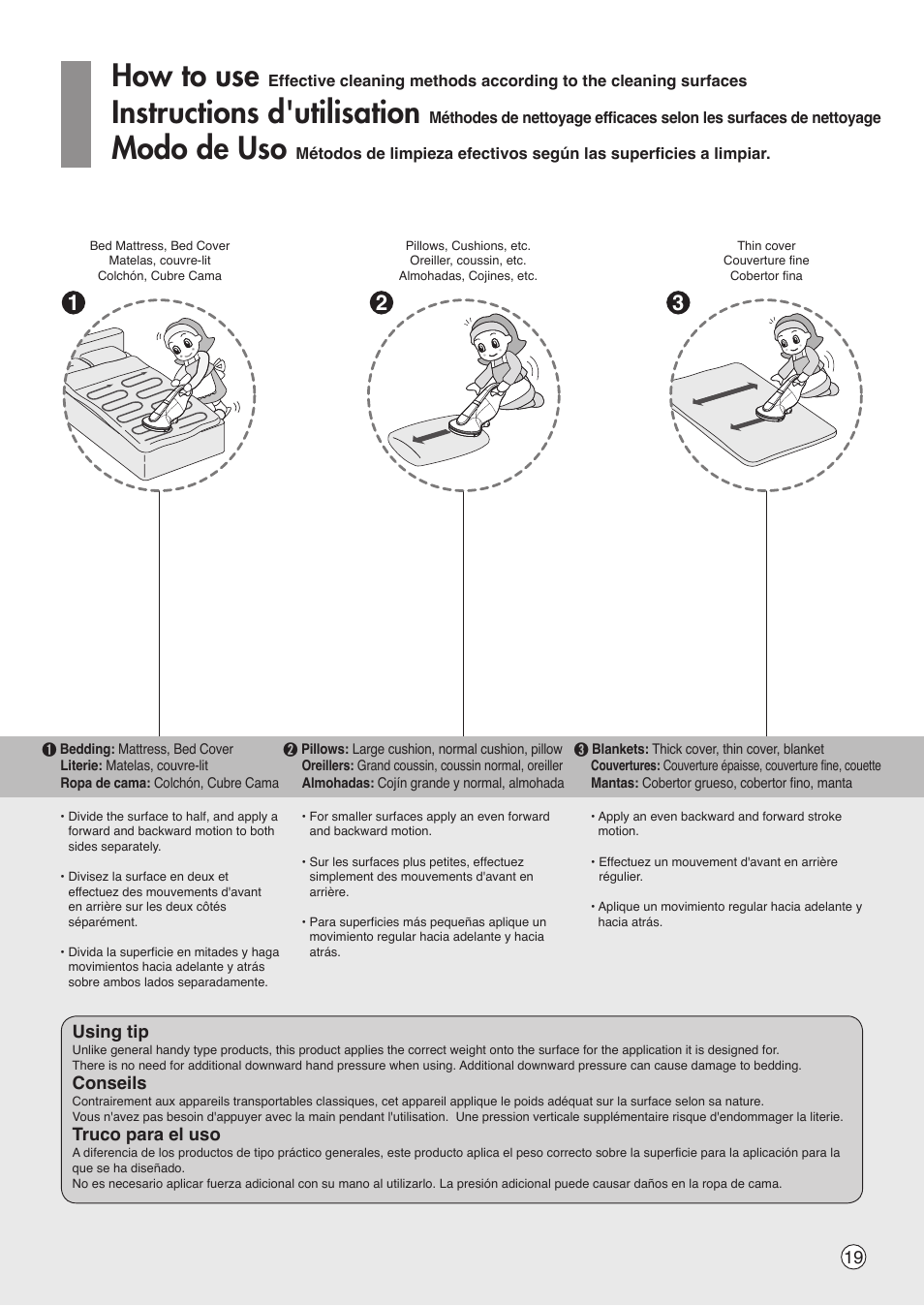 How to use, Instructions d'utilisation, Modo de uso | Using tip, Conseils, Truco para el uso | LG VH9200DSW User Manual | Page 19 / 32