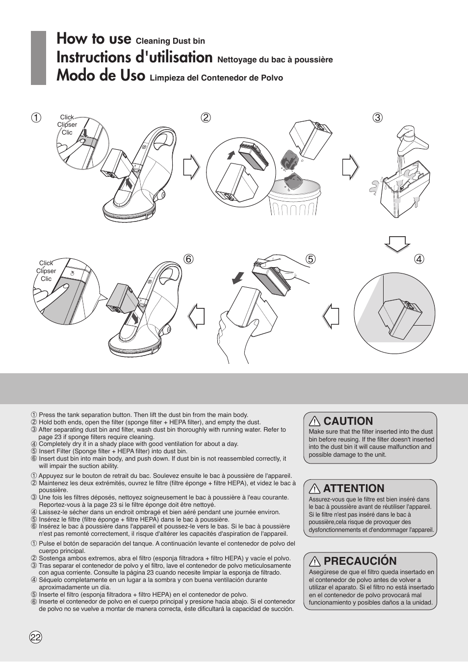 How to use, Instructions d'utilisation, Modo de uso | Caution, Attention, Precaución | LG VH9200DSW User Manual | Page 22 / 32
