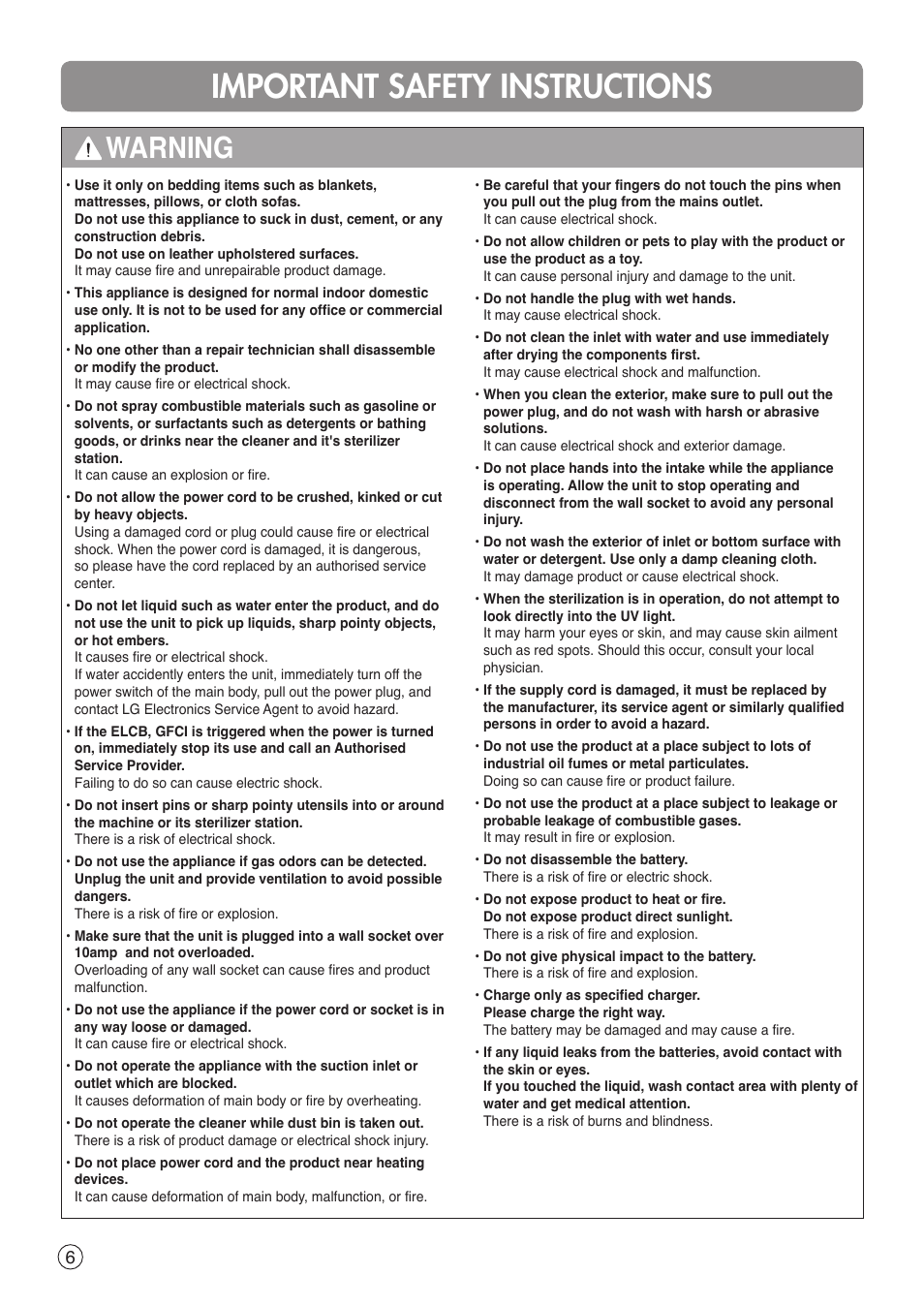 Important safety instructions, Warning | LG VH9200DSW User Manual | Page 6 / 32