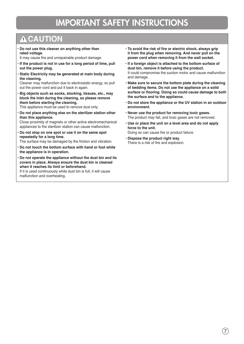 Important safety instructions, Caution | LG VH9200DSW User Manual | Page 7 / 32
