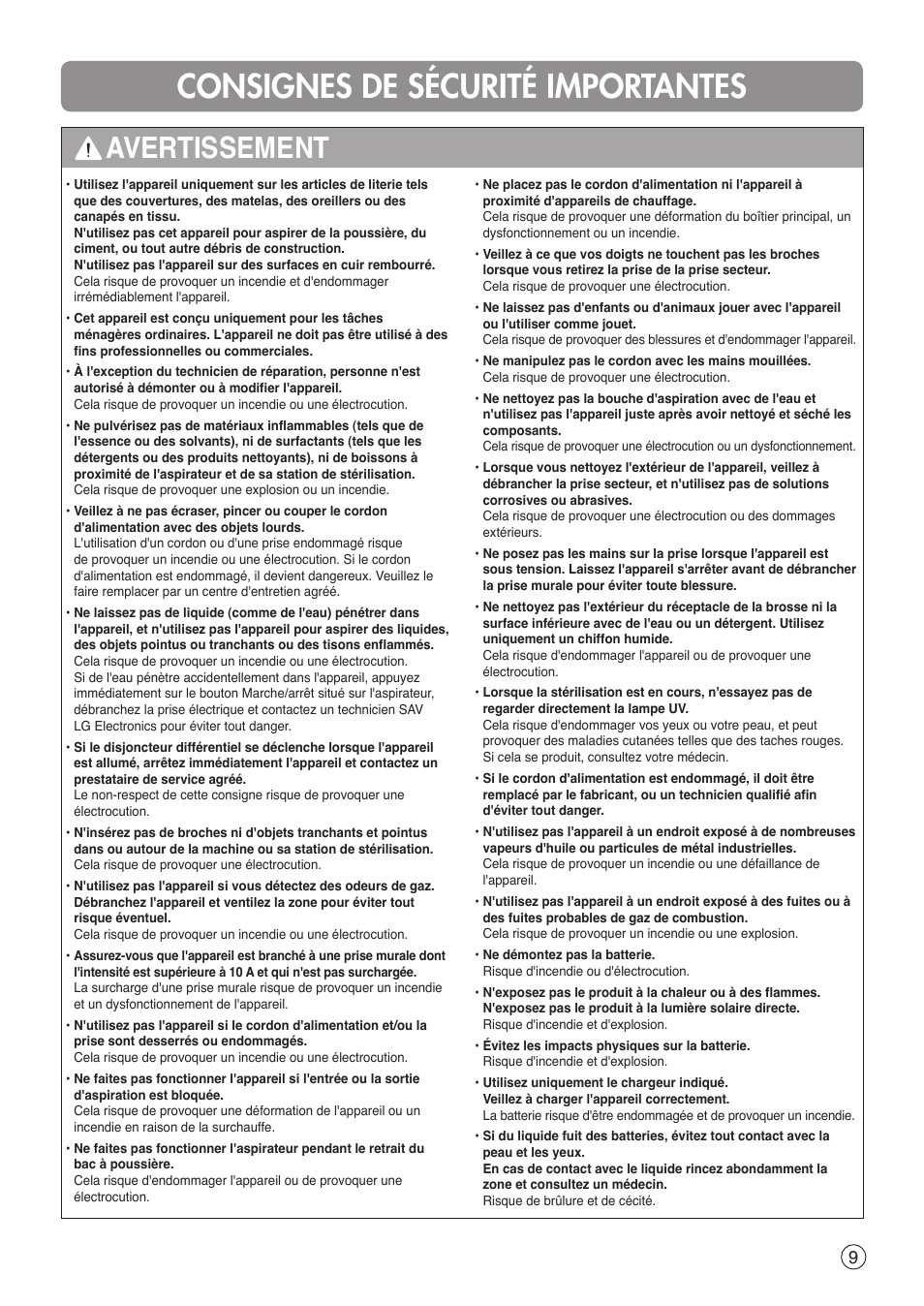Consignes de sécurité importantes, Avertissement | LG VH9200DSW User Manual | Page 9 / 32