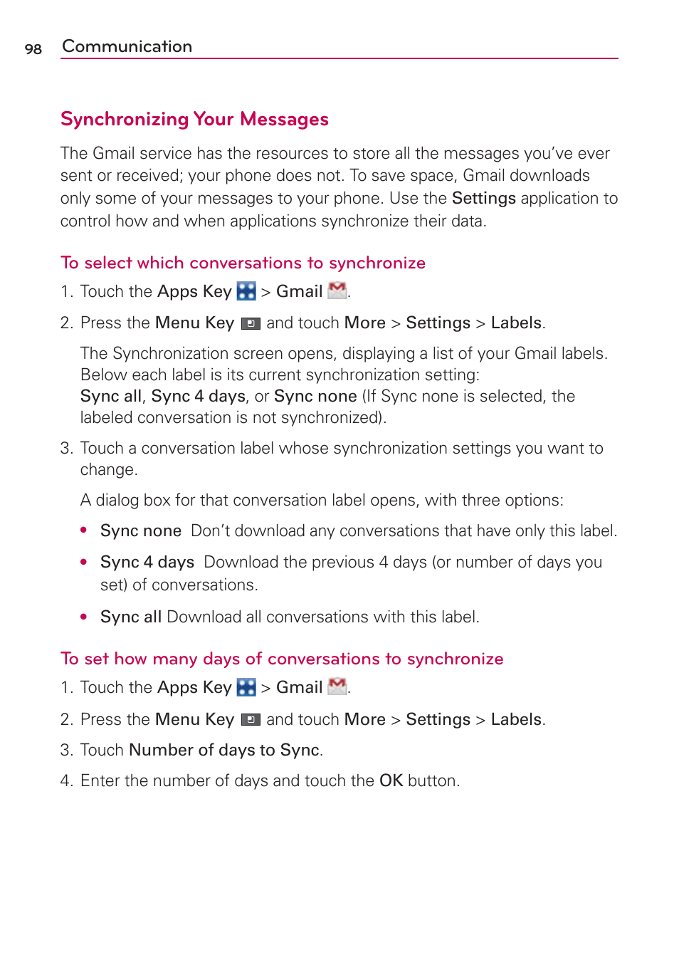 Synchronizing your messages, Communication | LG VS700 User Manual | Page 100 / 448