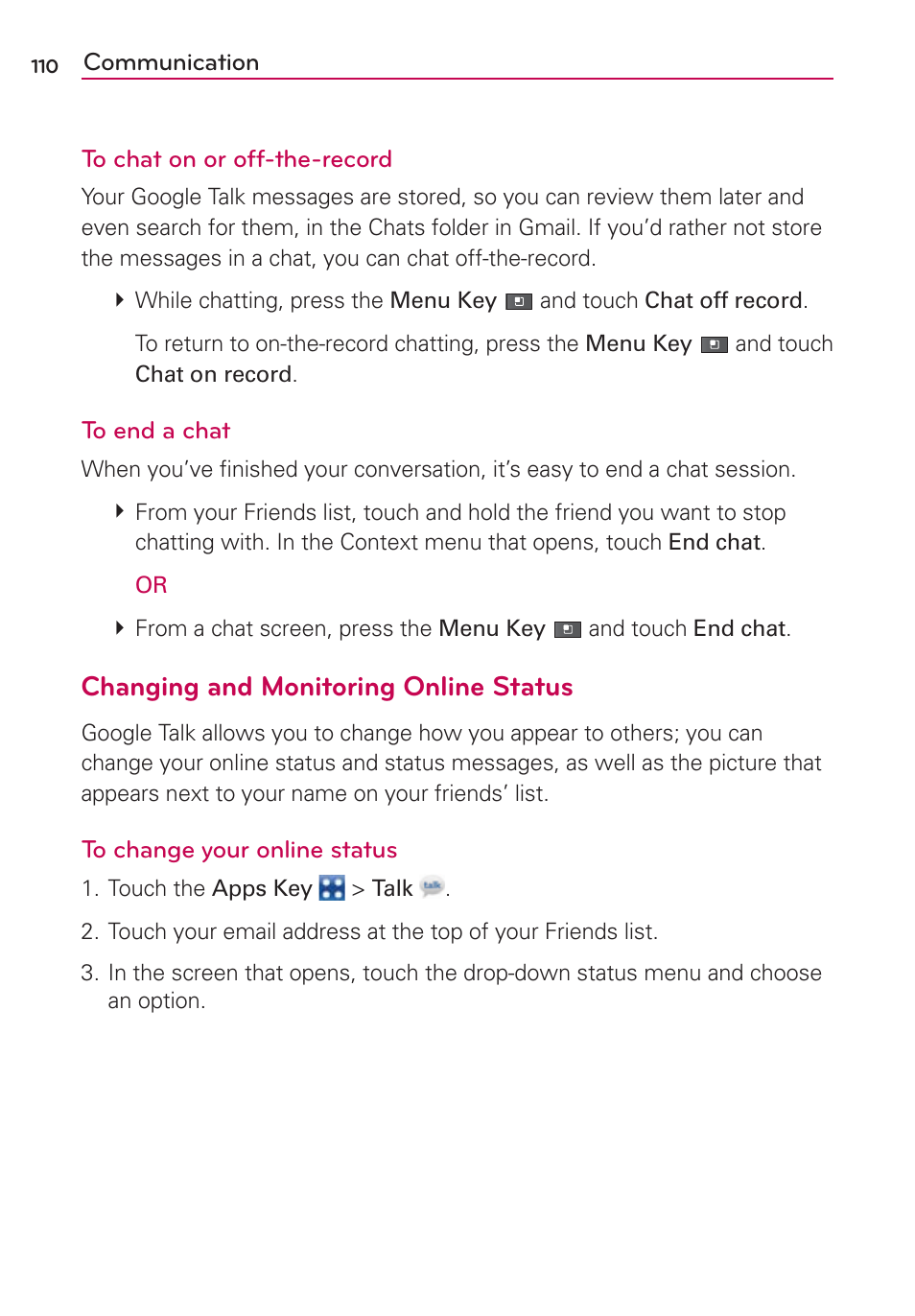 Changing and monitoring online status | LG VS700 User Manual | Page 112 / 448