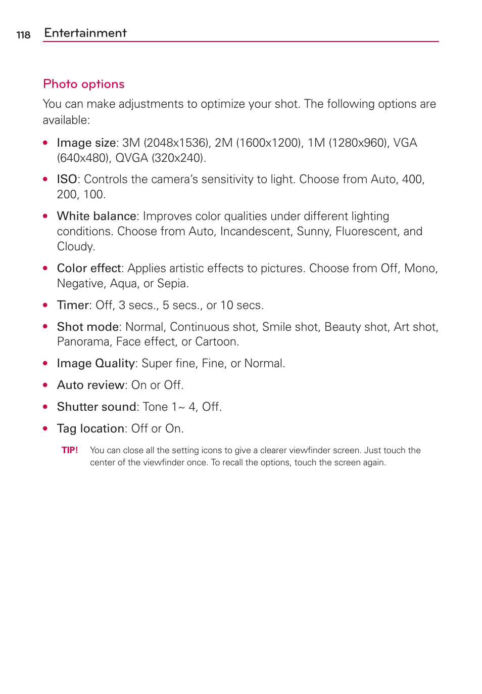Entertainment photo options, Timer: off, 3 secs., 5 secs., or 10 secs, Image quality: super ﬁne, fine, or normal | Auto review: on or off, Shutter sound: tone 1~ 4, off, Tag location: off or on | LG VS700 User Manual | Page 120 / 448