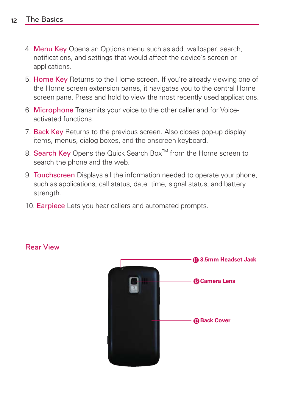 The basics, Rear view | LG VS700 User Manual | Page 14 / 448