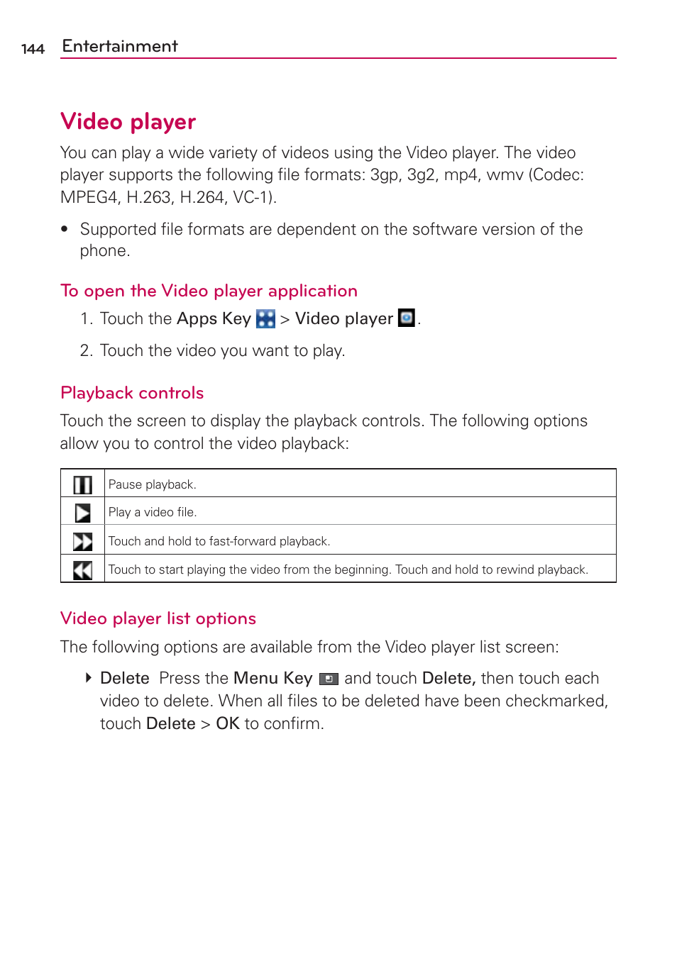 Video player | LG VS700 User Manual | Page 146 / 448