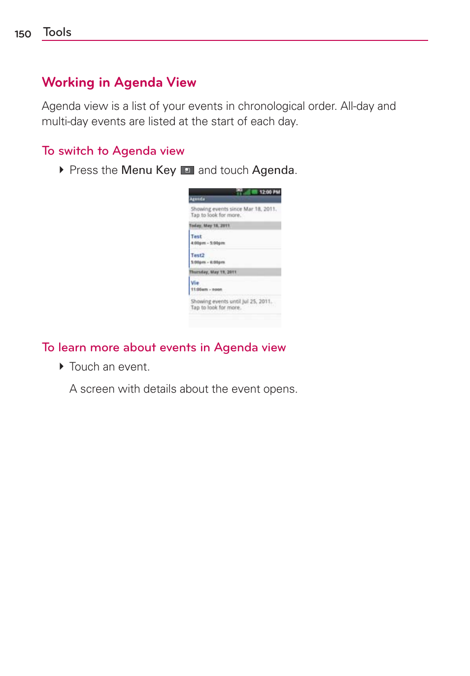 Working in agenda view | LG VS700 User Manual | Page 152 / 448