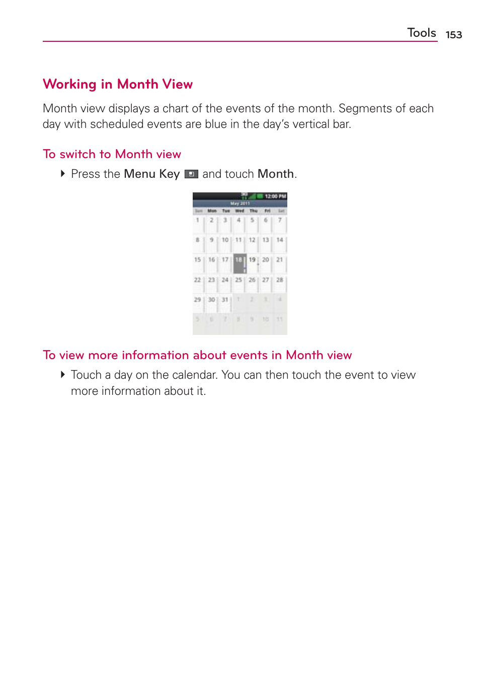 Working in month view | LG VS700 User Manual | Page 155 / 448