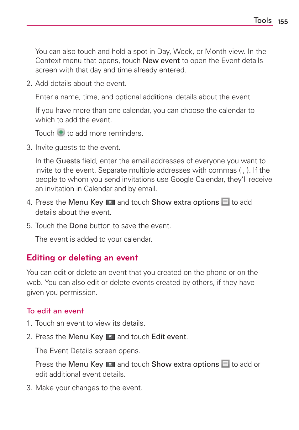 Editing or deleting an event | LG VS700 User Manual | Page 157 / 448