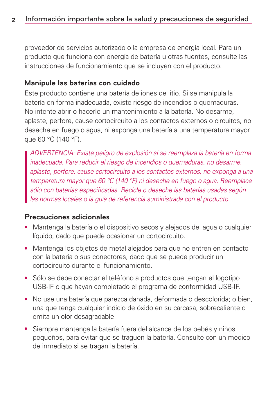 Manipule las baterías con cuidado, Precauciones adicionales | LG VS700 User Manual | Page 219 / 448