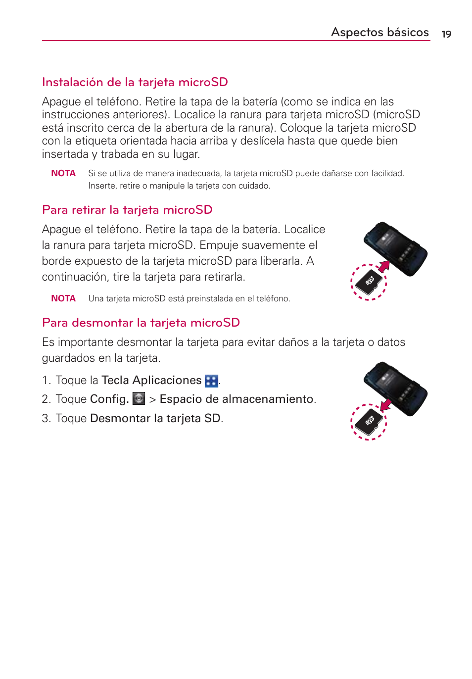 Aspectos básicos instalación de la tarjeta microsd, Para retirar la tarjeta microsd, Para desmontar la tarjeta microsd | LG VS700 User Manual | Page 236 / 448