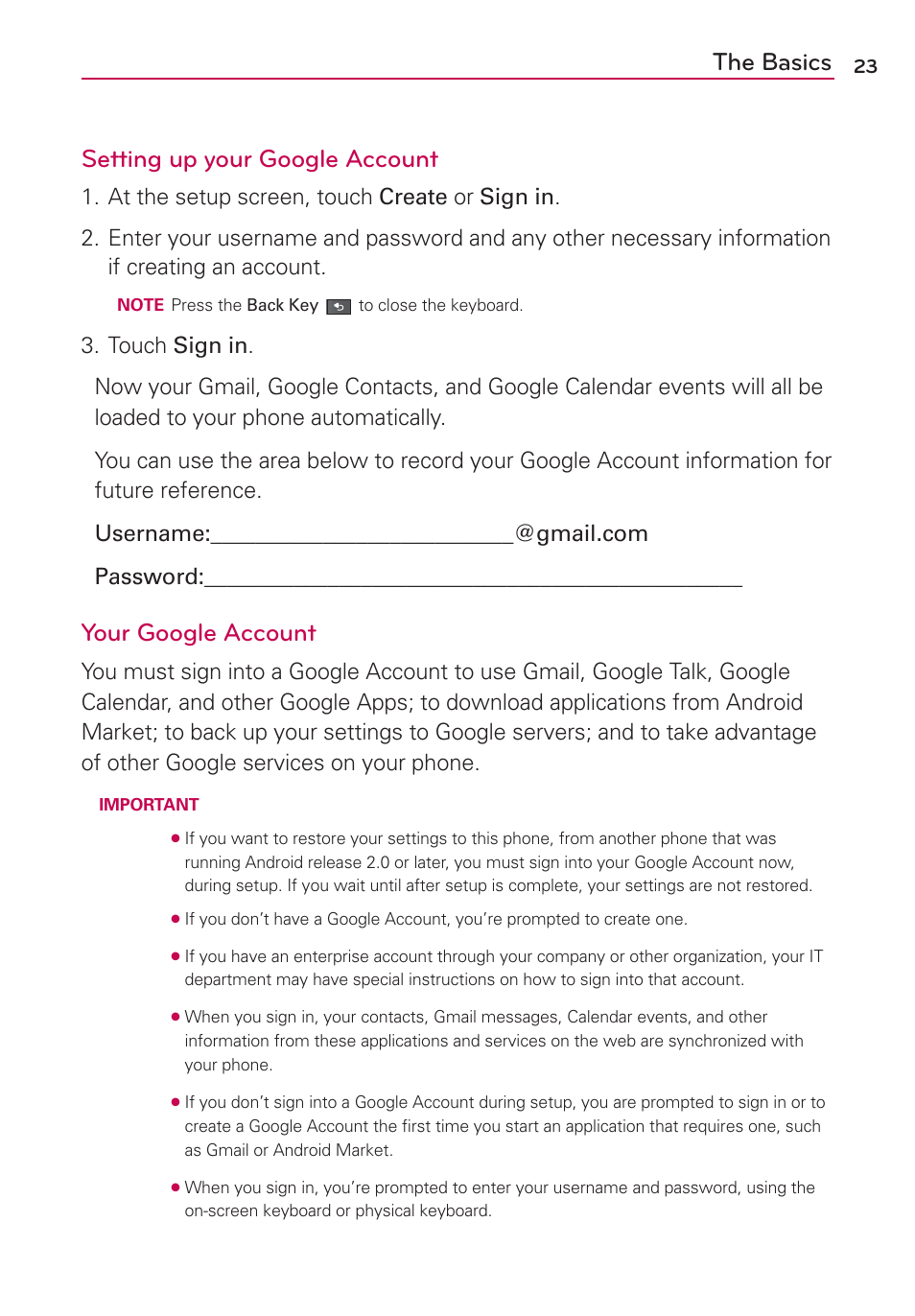 The basics setting up your google account, Your google account | LG VS700 User Manual | Page 25 / 448