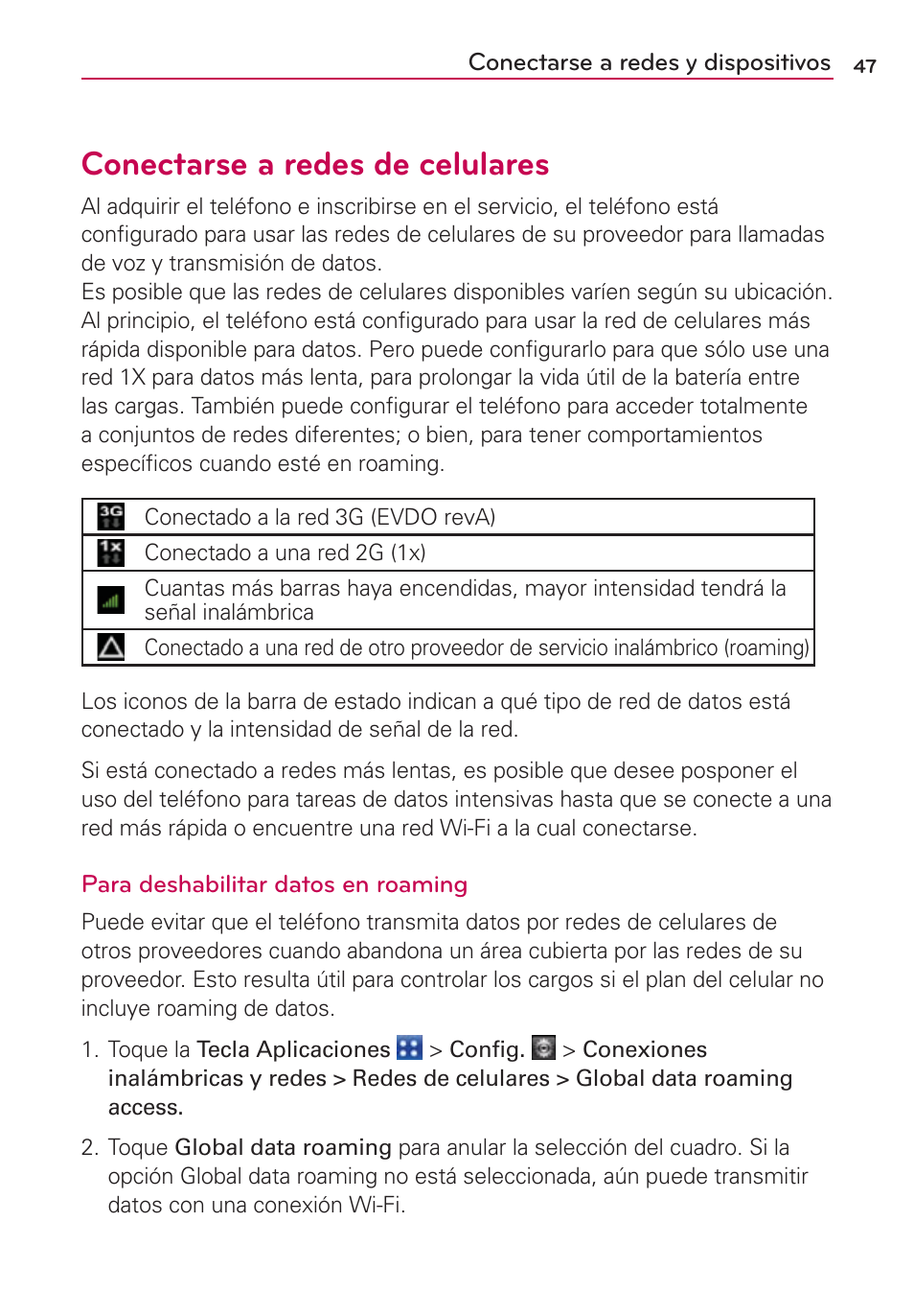 Conectarse a redes y dispositivos, Conectarse a redes de celulares | LG VS700 User Manual | Page 264 / 448
