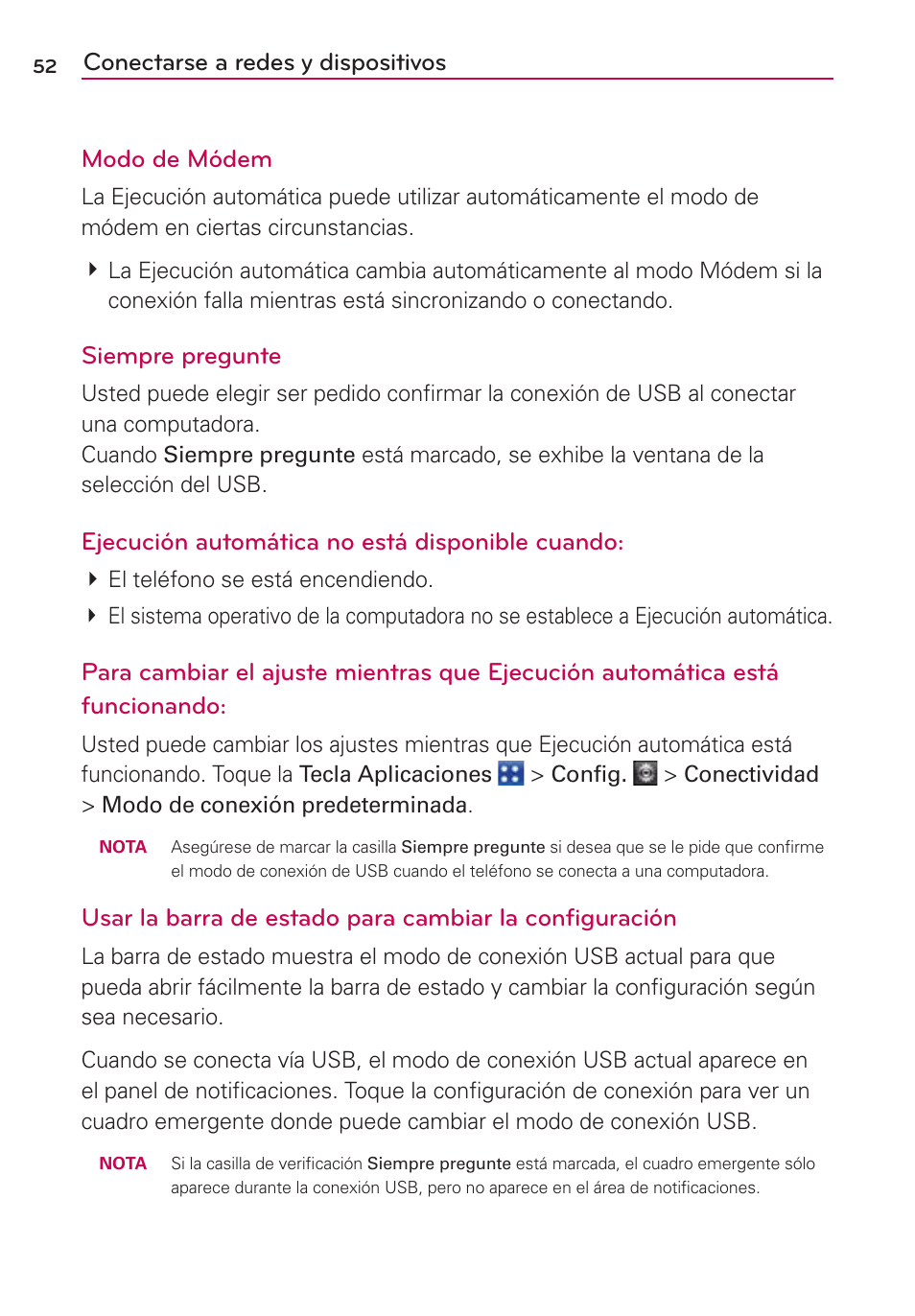 Conectarse a redes y dispositivos modo de módem, Siempre pregunte, Ejecución automática no está disponible cuando | LG VS700 User Manual | Page 269 / 448