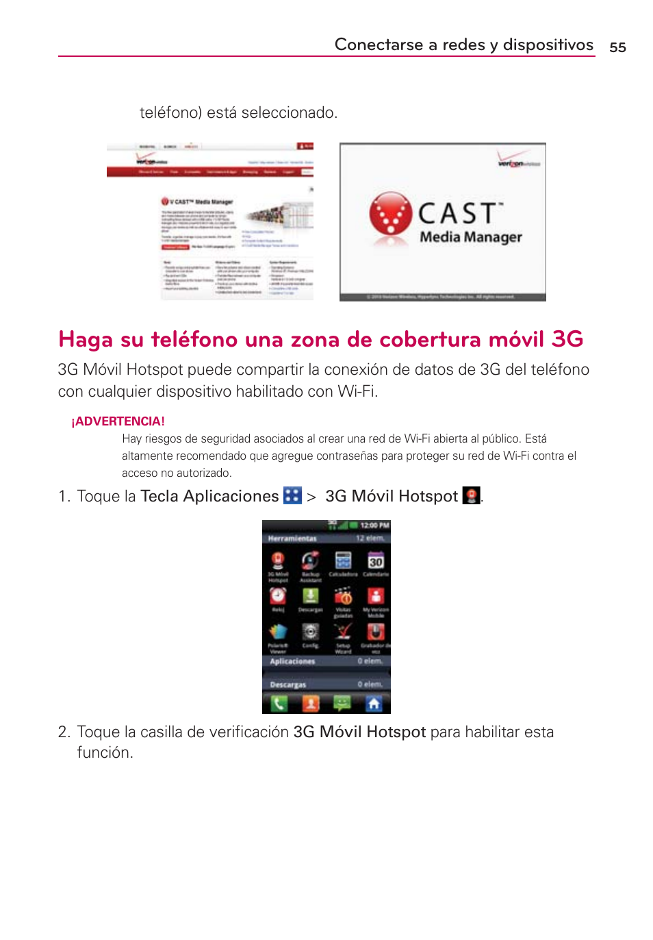 Haga su teléfono una zona de cobertura móvil 3g, Conectarse a redes y dispositivos | LG VS700 User Manual | Page 272 / 448