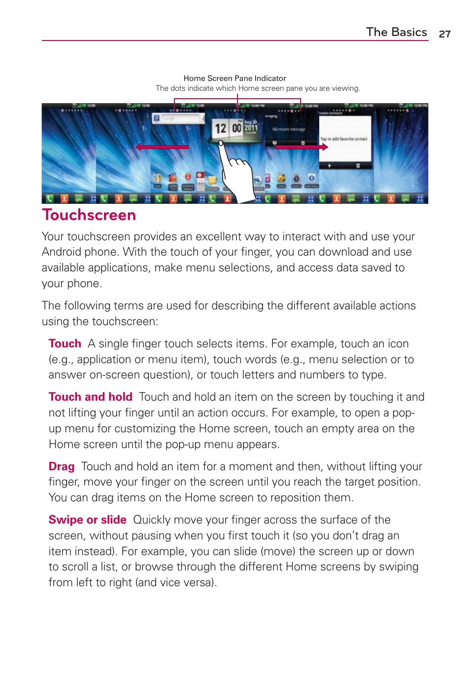 Touchscreen | LG VS700 User Manual | Page 29 / 448