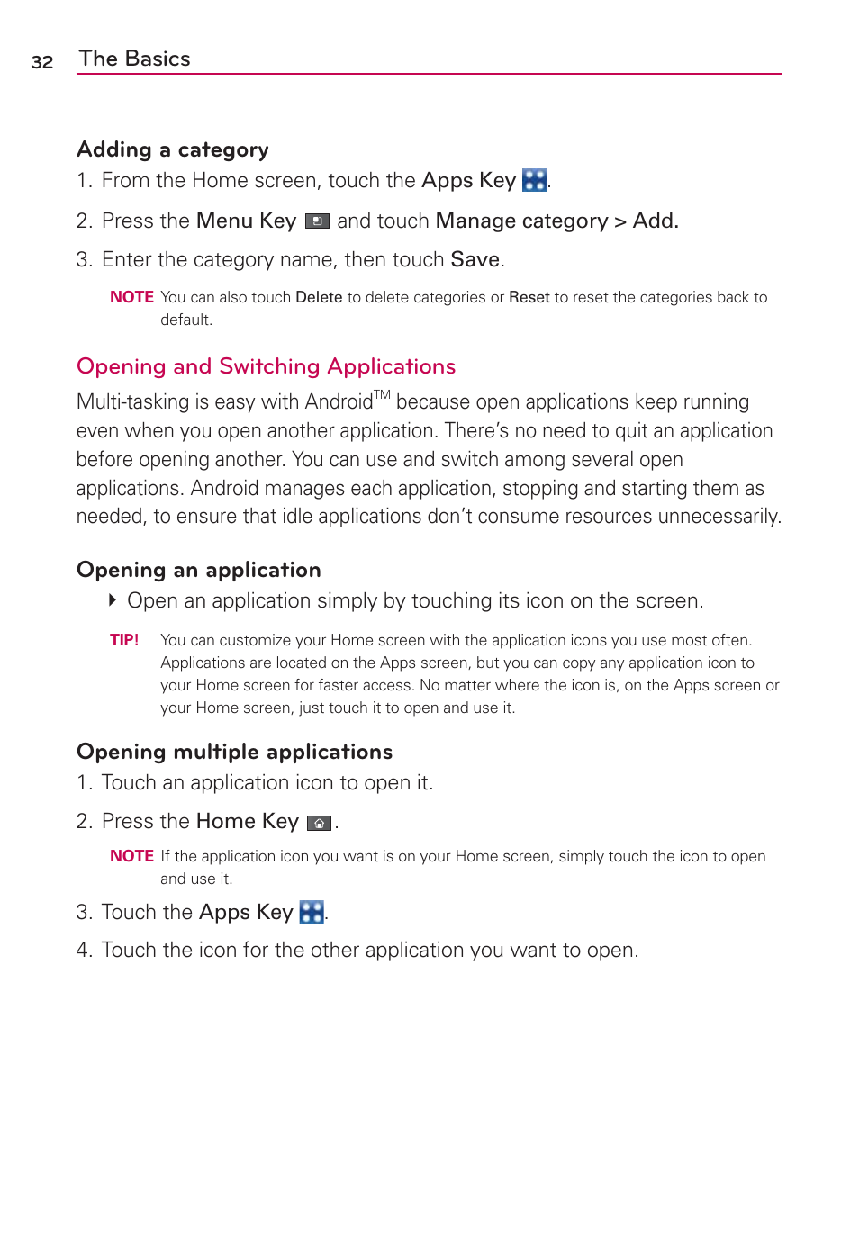 The basics adding a category, Opening and switching applications, Opening an application | Opening multiple applications | LG VS700 User Manual | Page 34 / 448